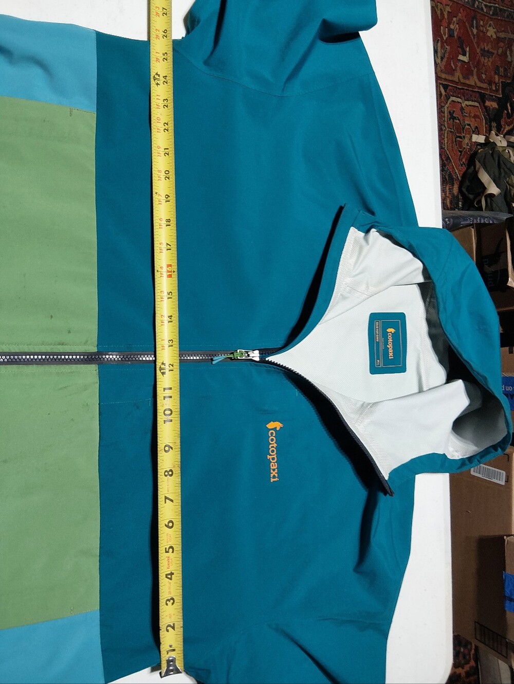 cotopaxi Teal & Light Green Colorblock Kids Hooded Rain Jacket